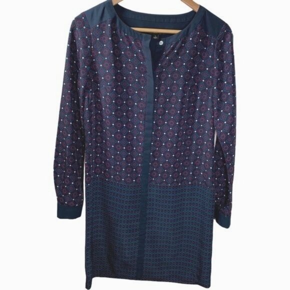 Ann Taylor Blue Geometric Print Shift Dress Size 2 Long Sleeve Work Office - Picture 1 of 10
